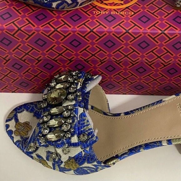 NWB NWT $373 Tory Burch Metallic Floral Valentina 45 MM Bow Barricade Sandals 7 - Picture 3 of 9